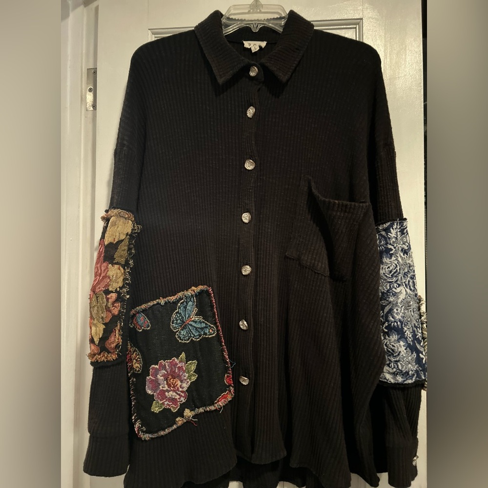 Women's Black Button-Up Top with Floral Patches